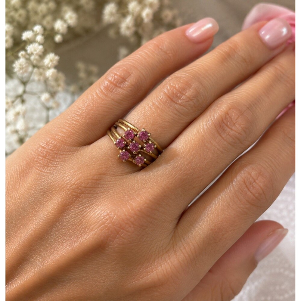 Vintage Gold Tone Pink Rhinestone Cocktail Ring, Size 6 Multi Band Retro Ring - Picture 2 of 7
